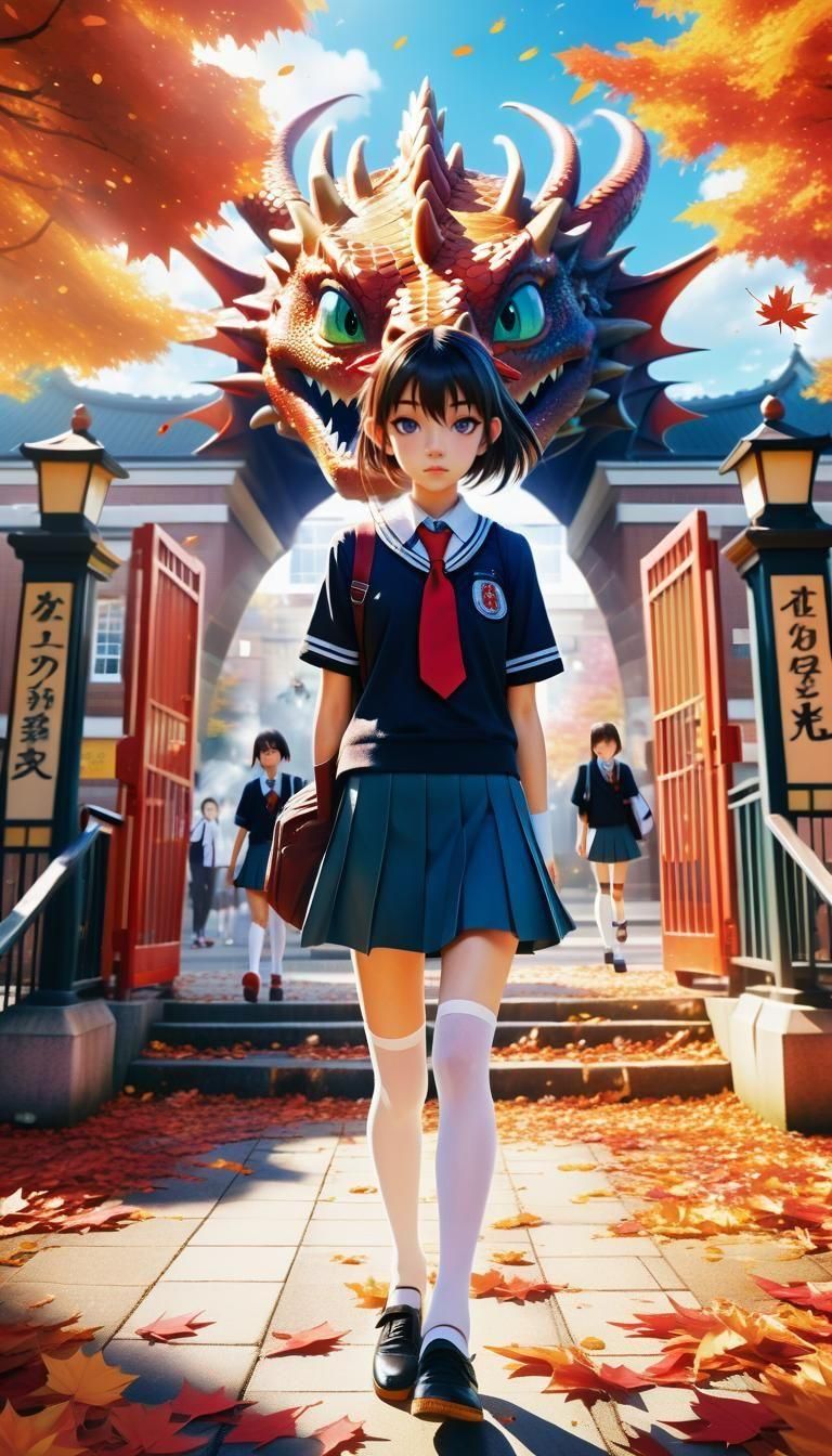Grumpy Anime Dragon Goes to School in Autumn