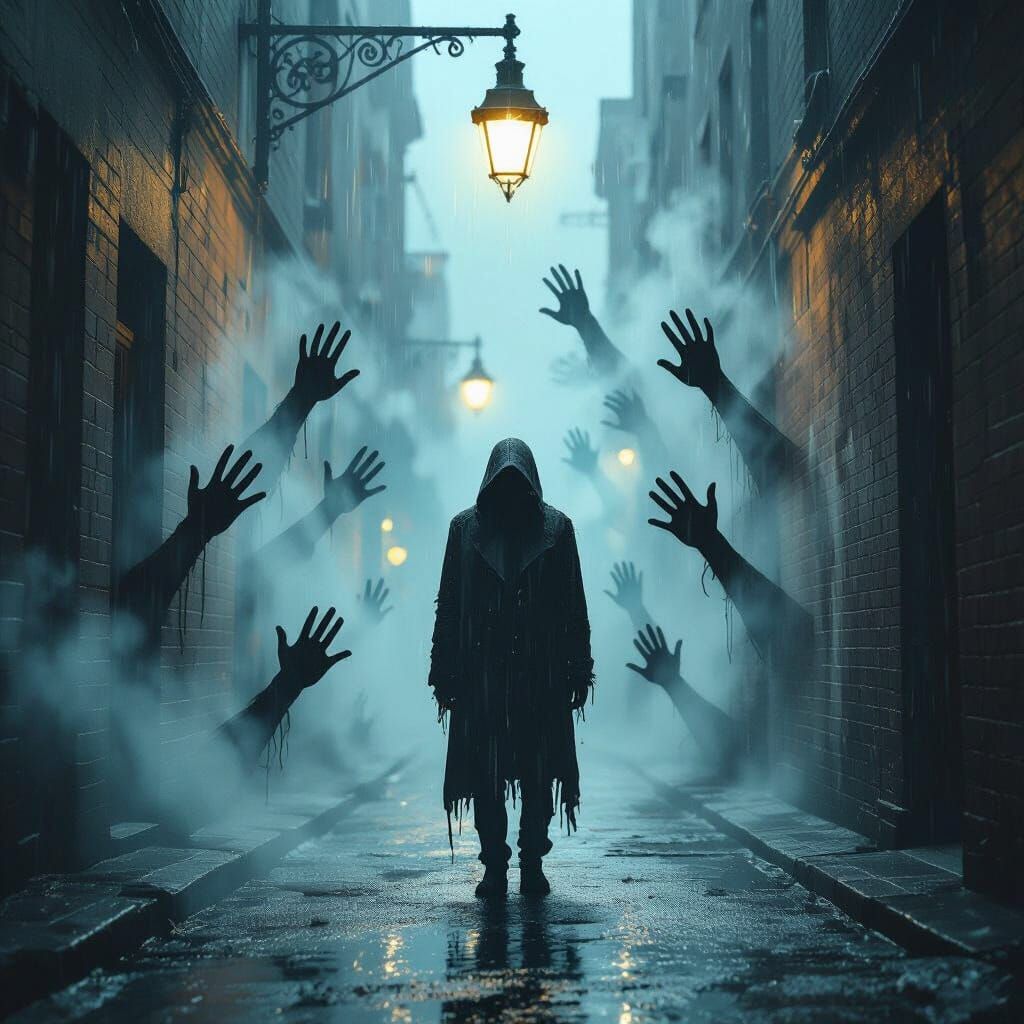 Eerie Figure in Rain-Soaked Alley: Dark Futurism