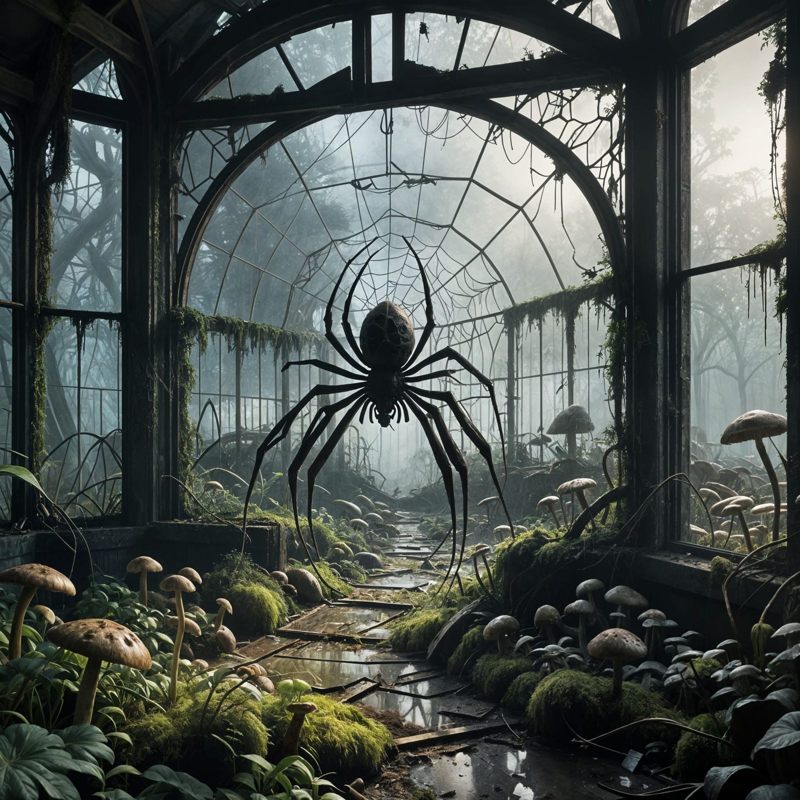 Giant Spider in Ruined Greenhouse Digital Art