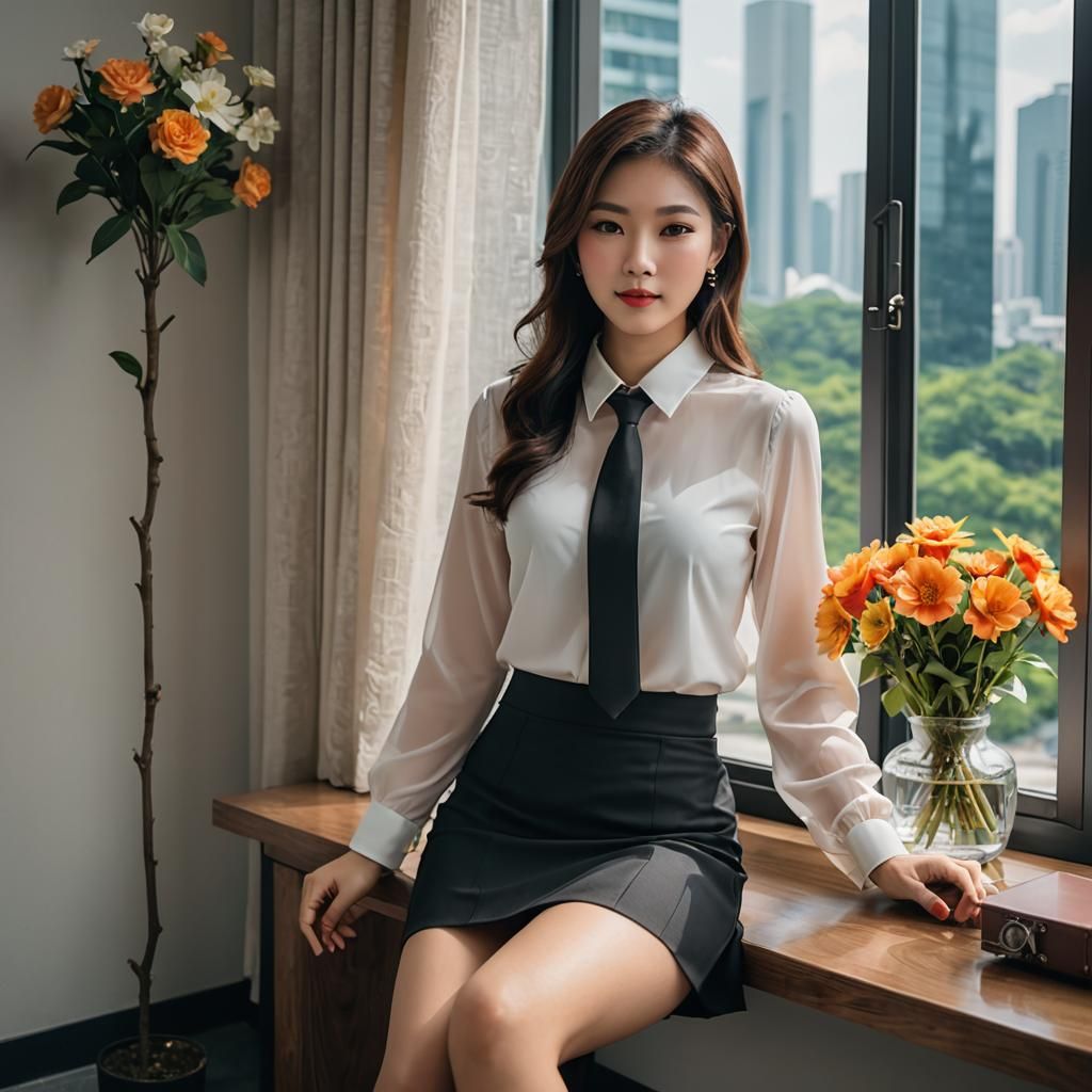 Asian Woman in Office Skirt by Window