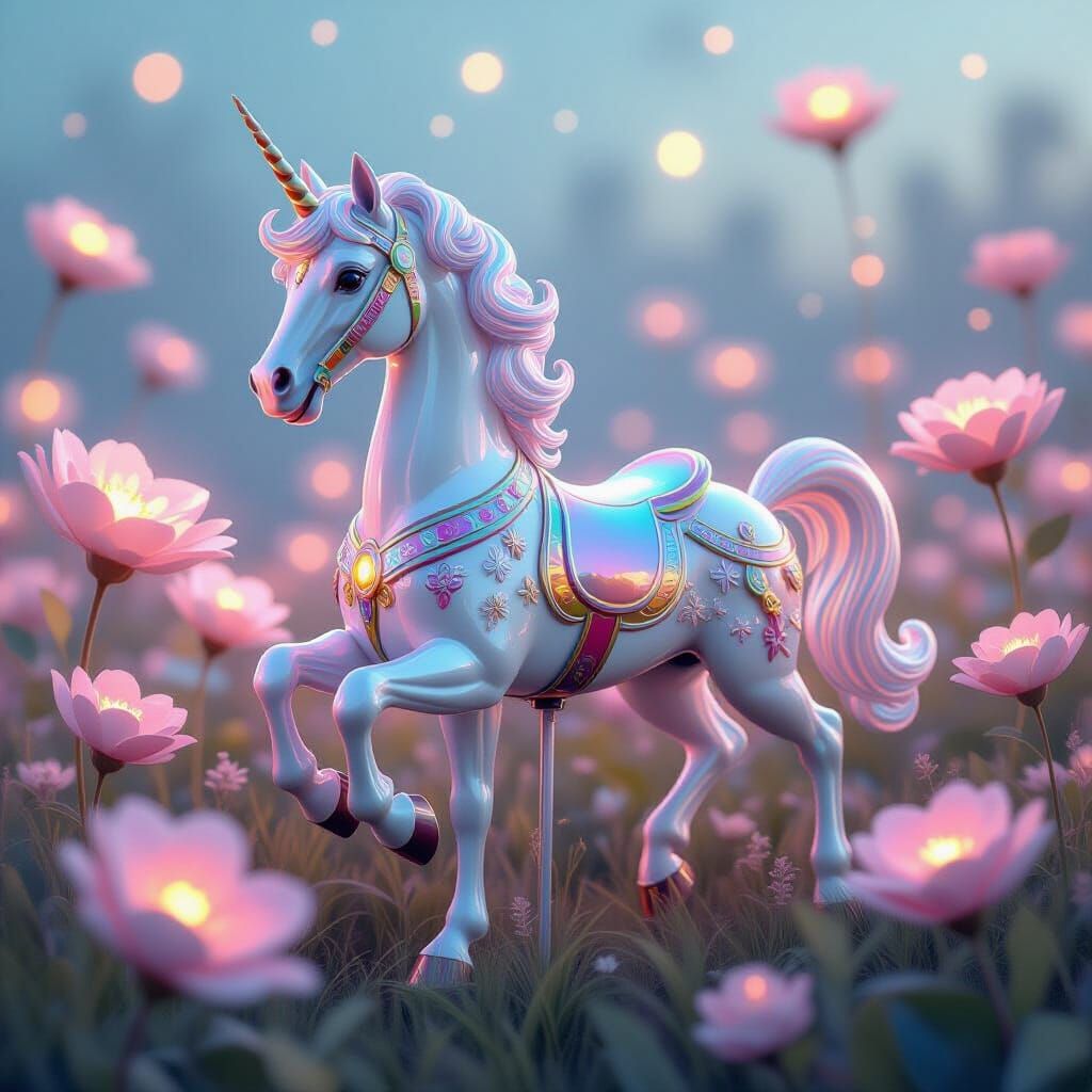 Iridescent Glass Carousel Horse Amidst Glowing Flowers
