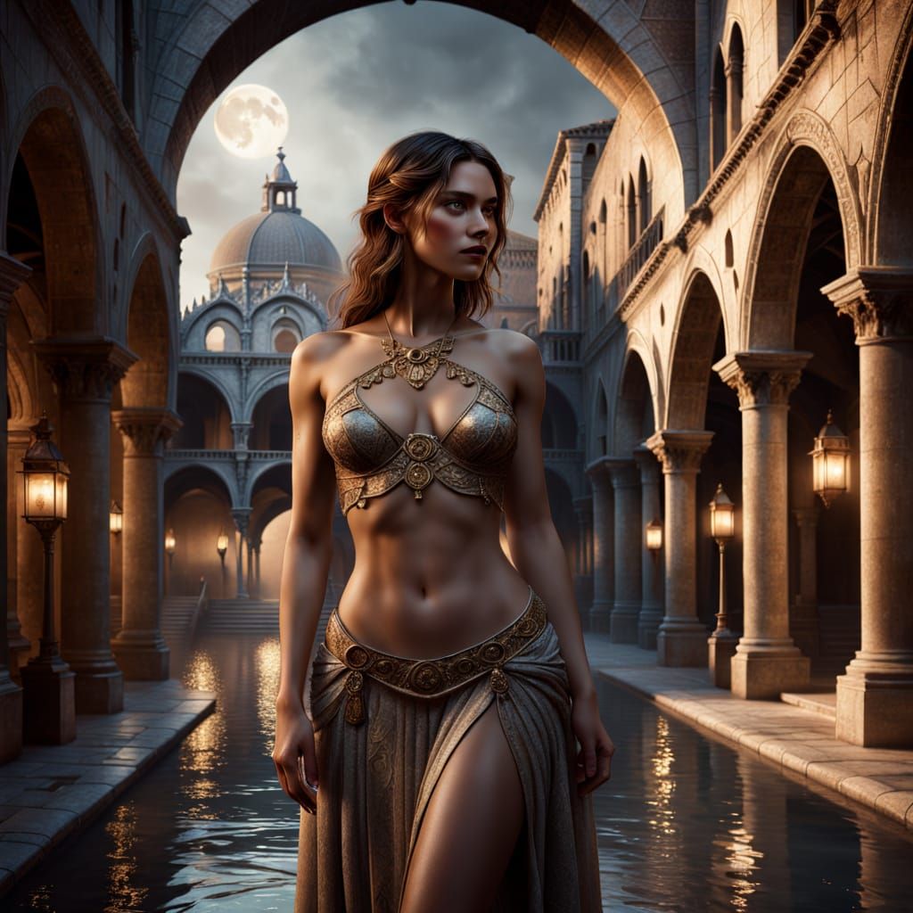 Bare-Chested Beauty in Moonlit Venetian Piazza
