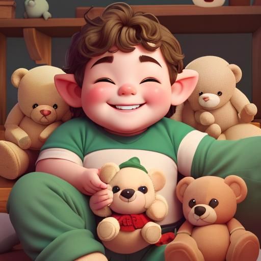 Happy Chubby Elf in Pile of Teddy Bears