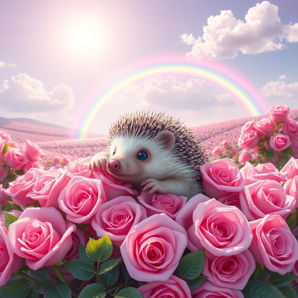 Hedgehog Playing in Pink Roses with Rainbow Sky