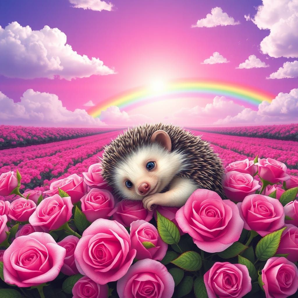 Hedgehog Playing in Roses with Violet Sky