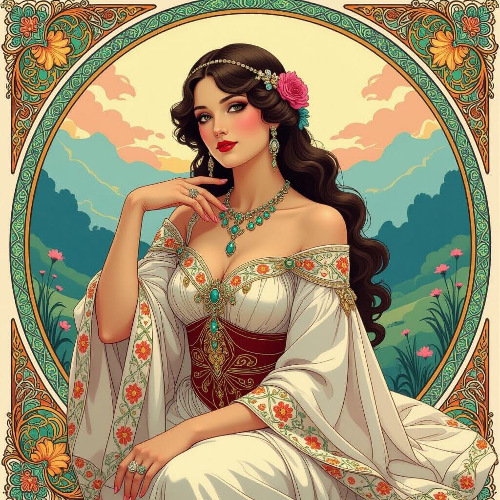 Majestic Woman in Ethereal Landscape, Art Nouveau Style