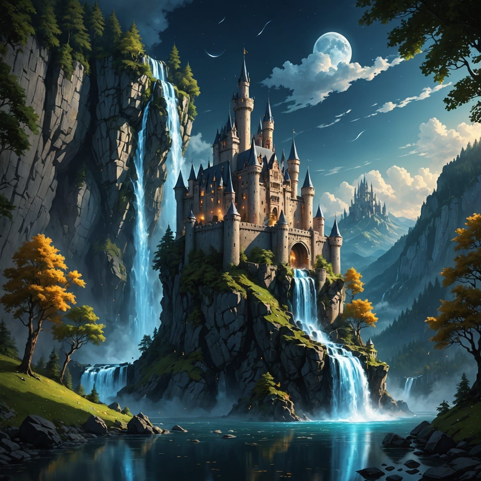 Floating Castle Connected by Magical Waterfall