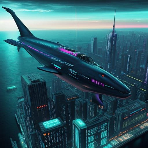 Cyberpunk Whale in Submerged Metropolis, Vaporwave Colors