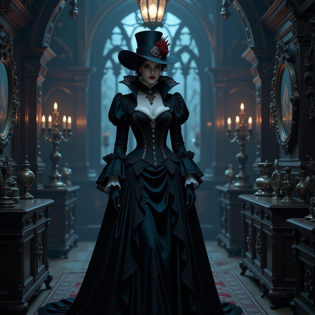 Victorian Vampire Collecting Treasures in Gothic Chamber