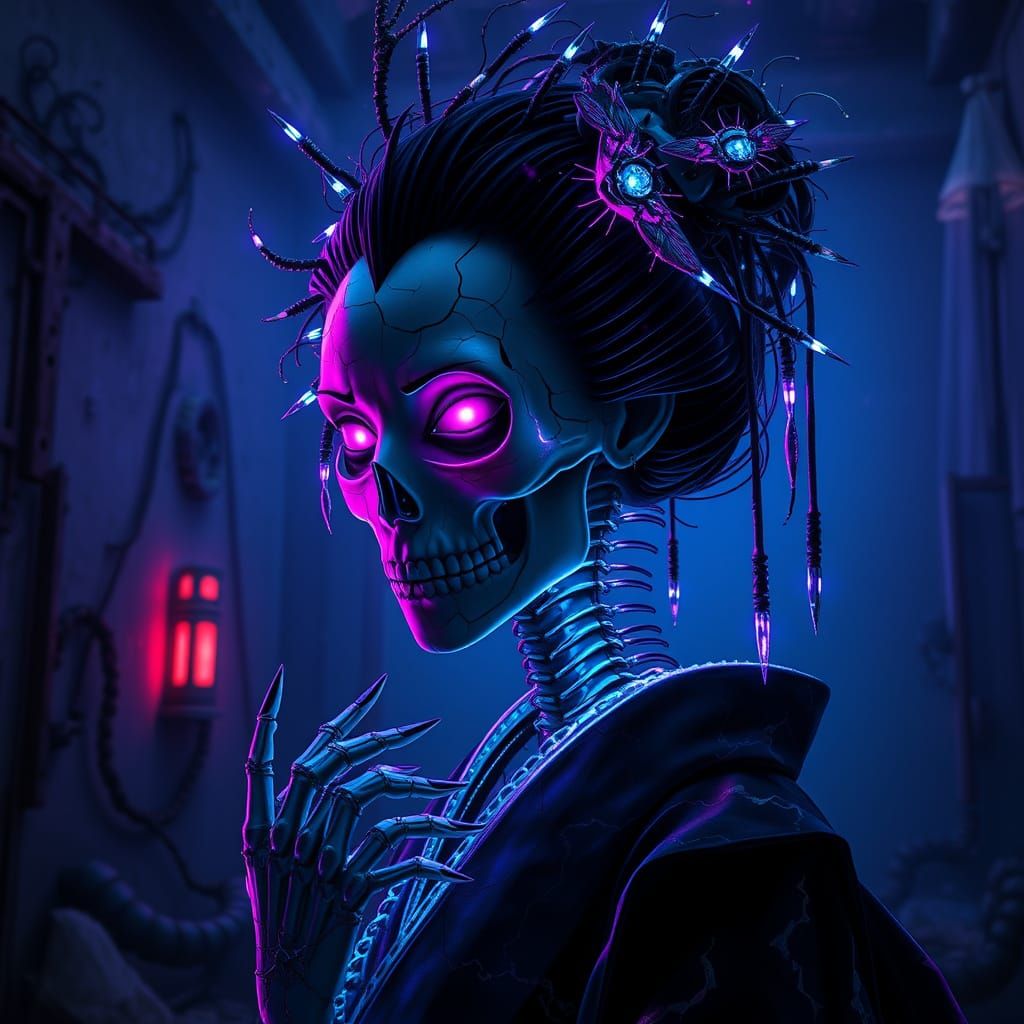 Spectral Geisha Portrait in Cyberpunk Forge-Temple