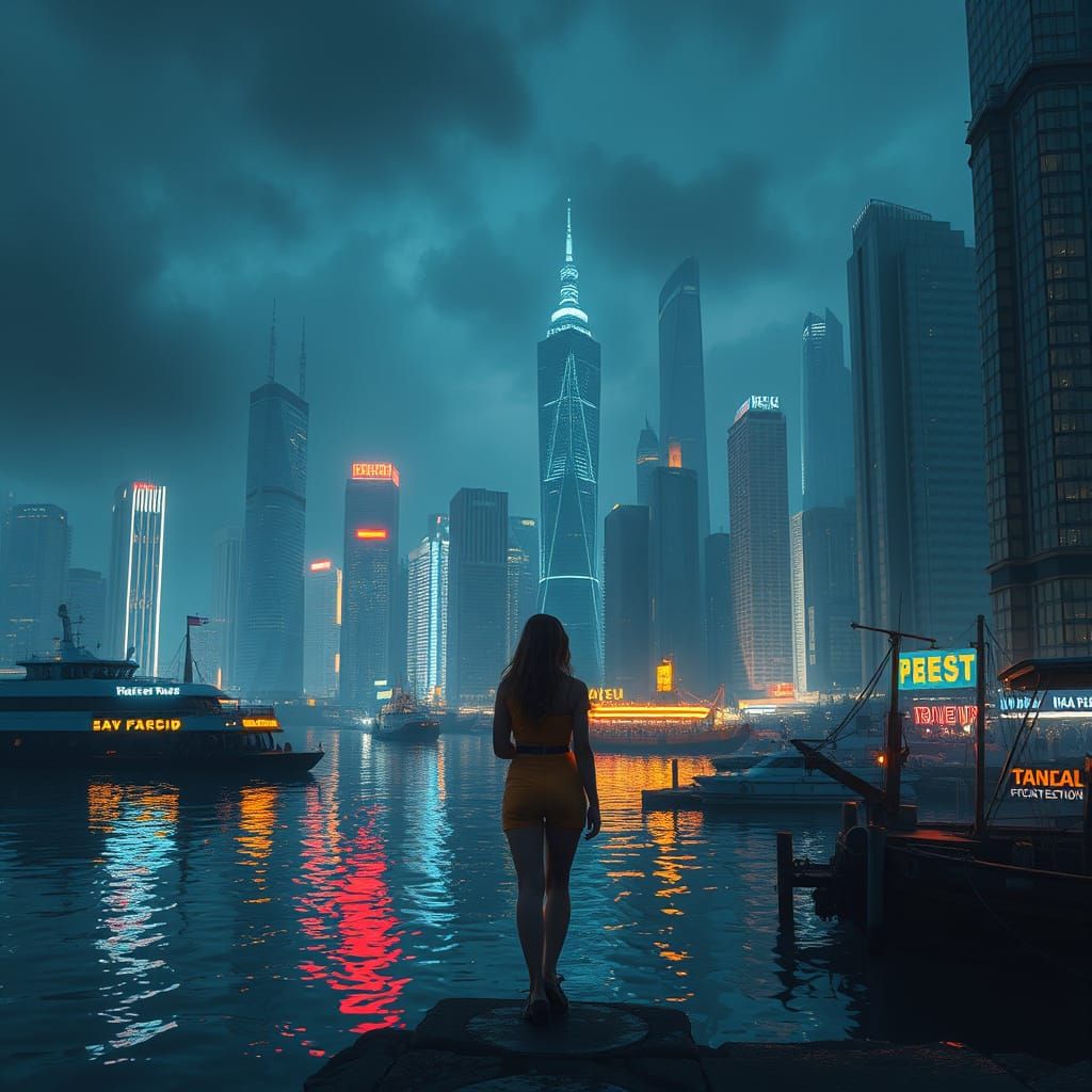 Vibrant Harbor Cityscape Under Starry Night Skies