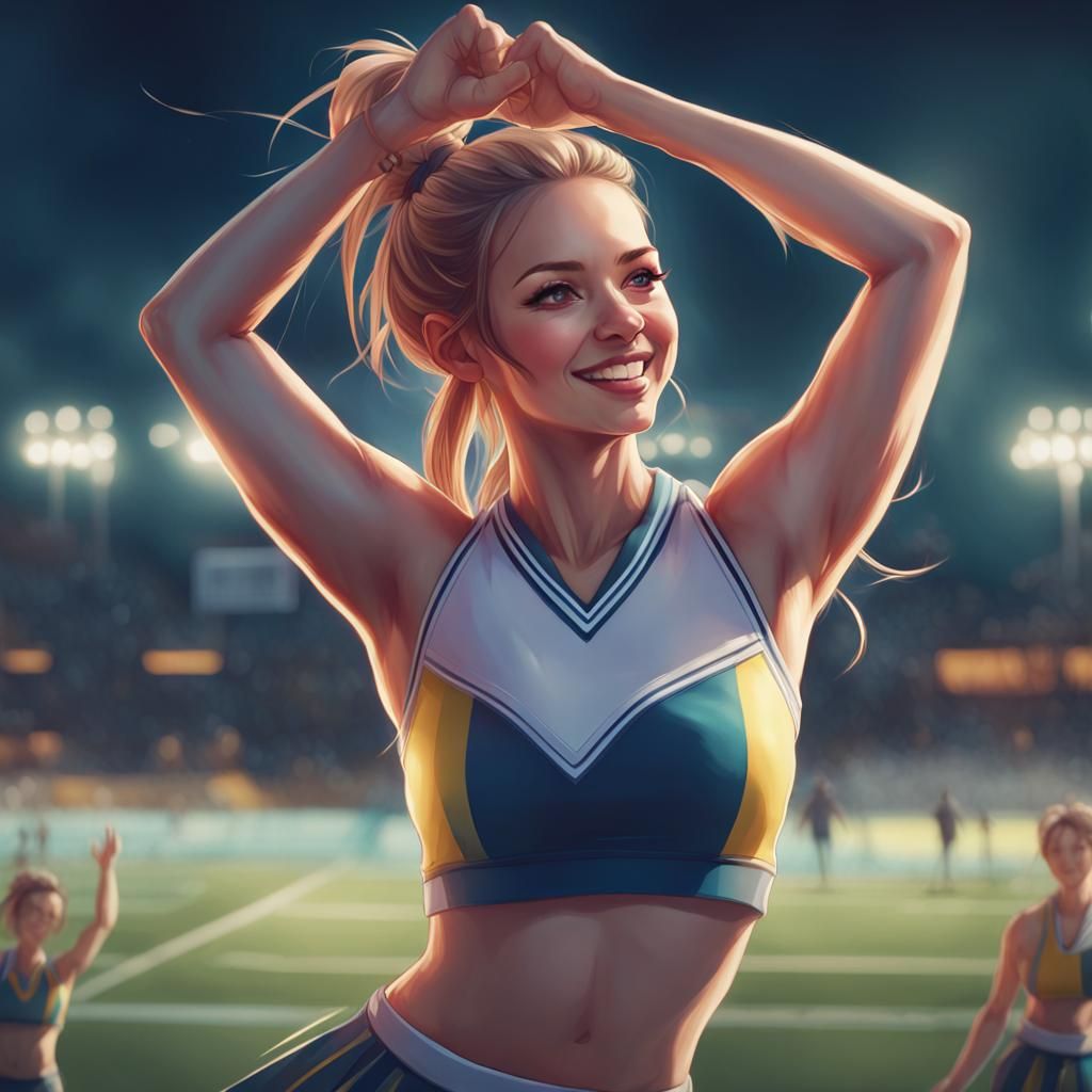 Happy Cheerleader on Sports Field, Detailed Concept Art