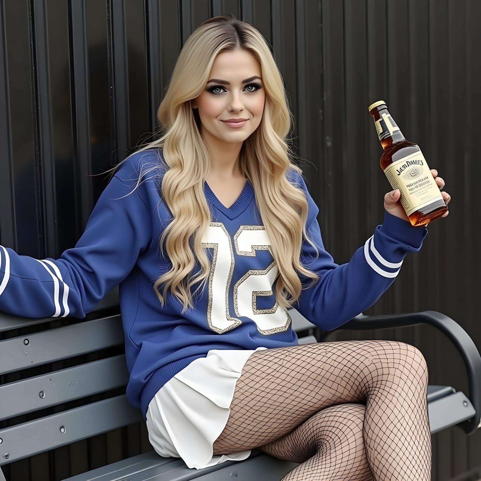 Goth Cheerleader Sits Relaxed on Dark Metal Bench