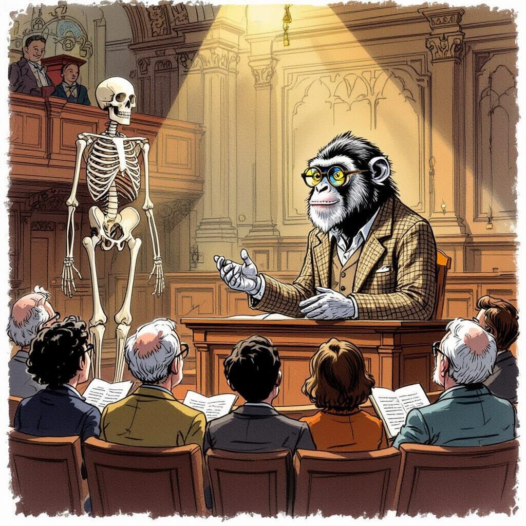 Gibbon Teaches Anatomy in Whimsical Lecture Hall Illustratio...