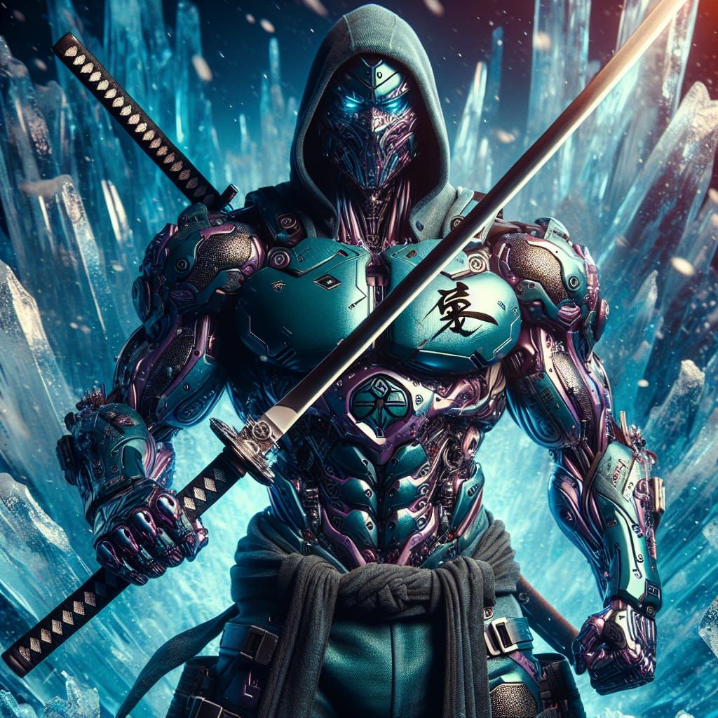 Muscular Ninja in Aqua Mech Suit with Katana