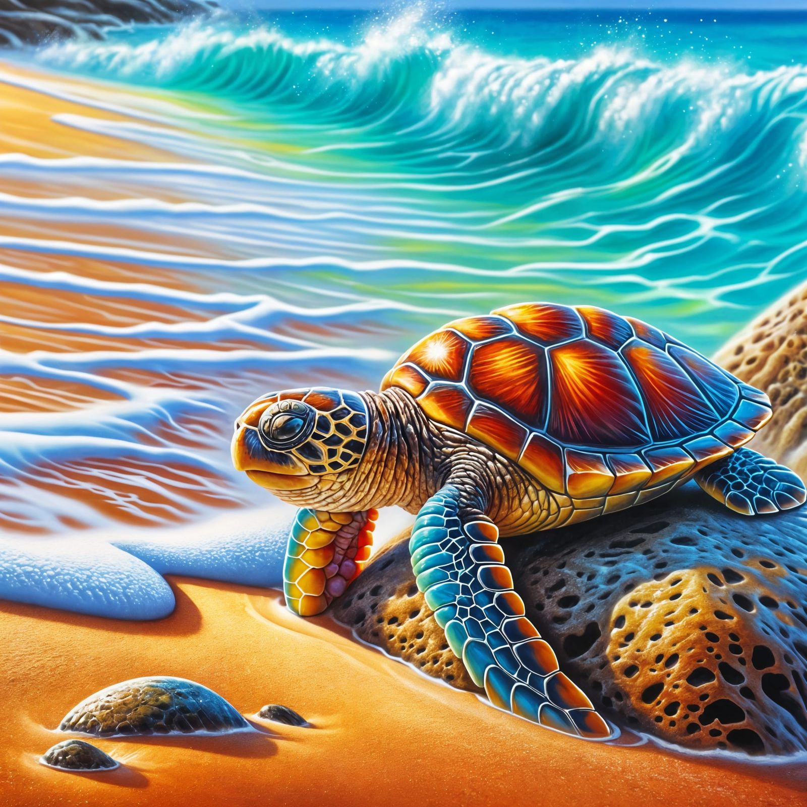 Airbrush Art of Baby Sea Turtle on Rock