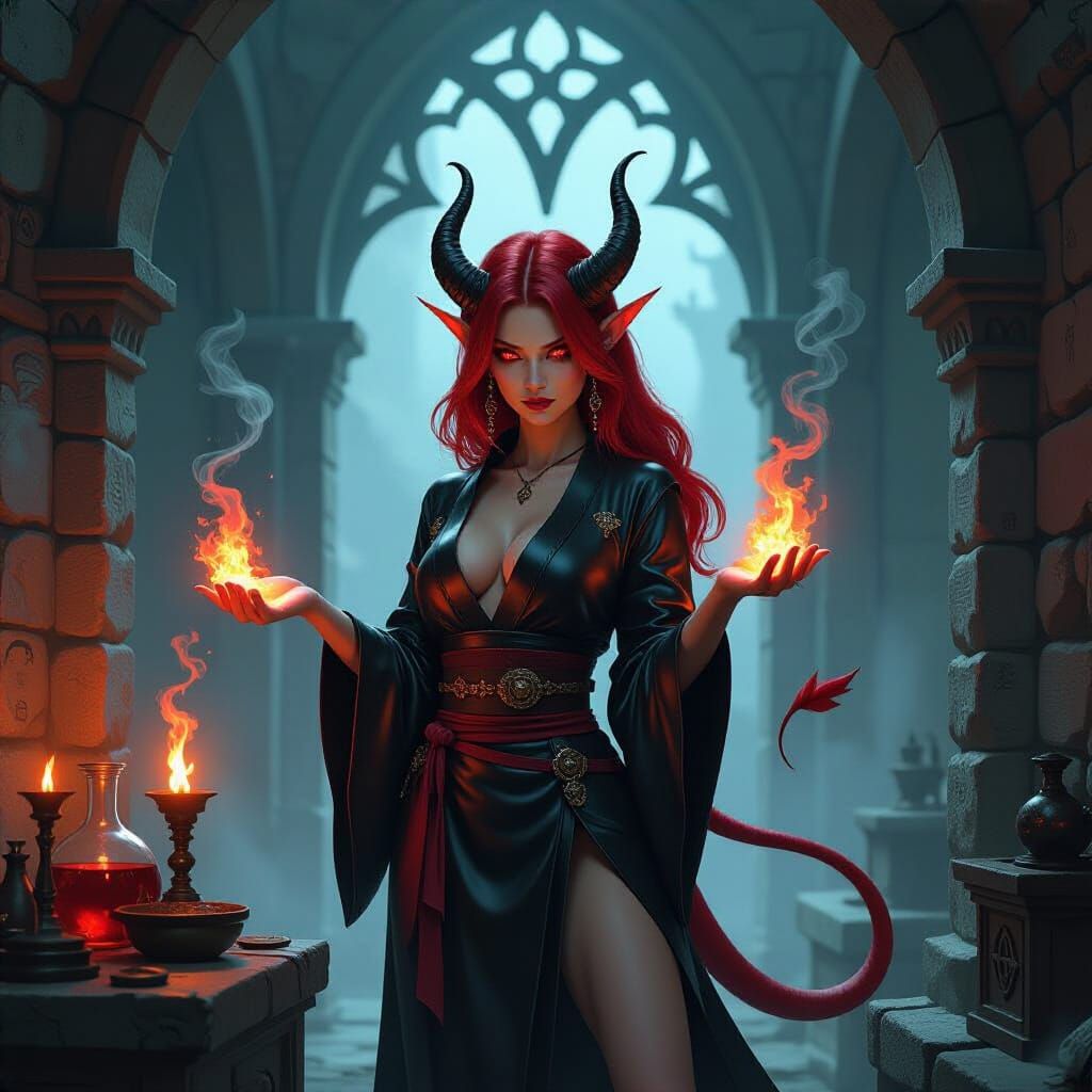 Tiefling Alchemist Mixing Explosive Concoctions