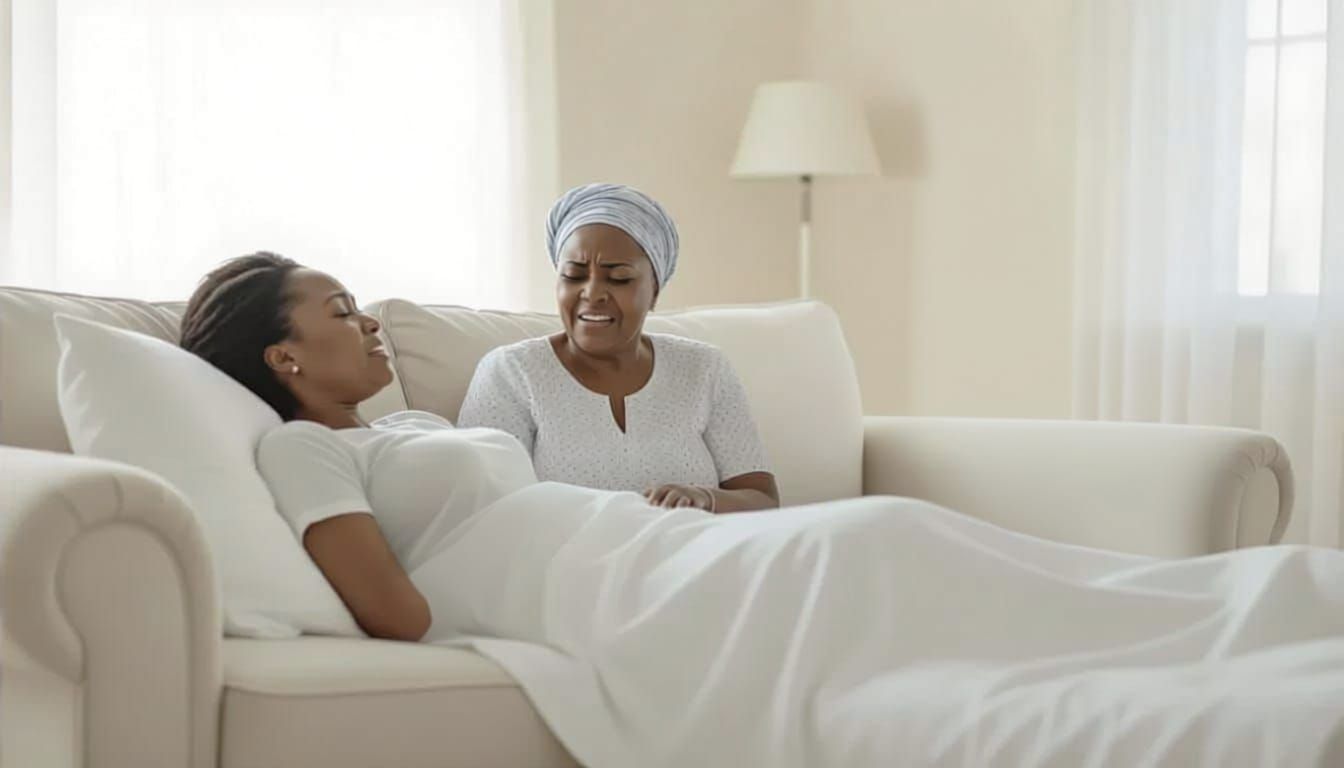 Emotional Scene: Woman in Medical Distress with Family Suppo...