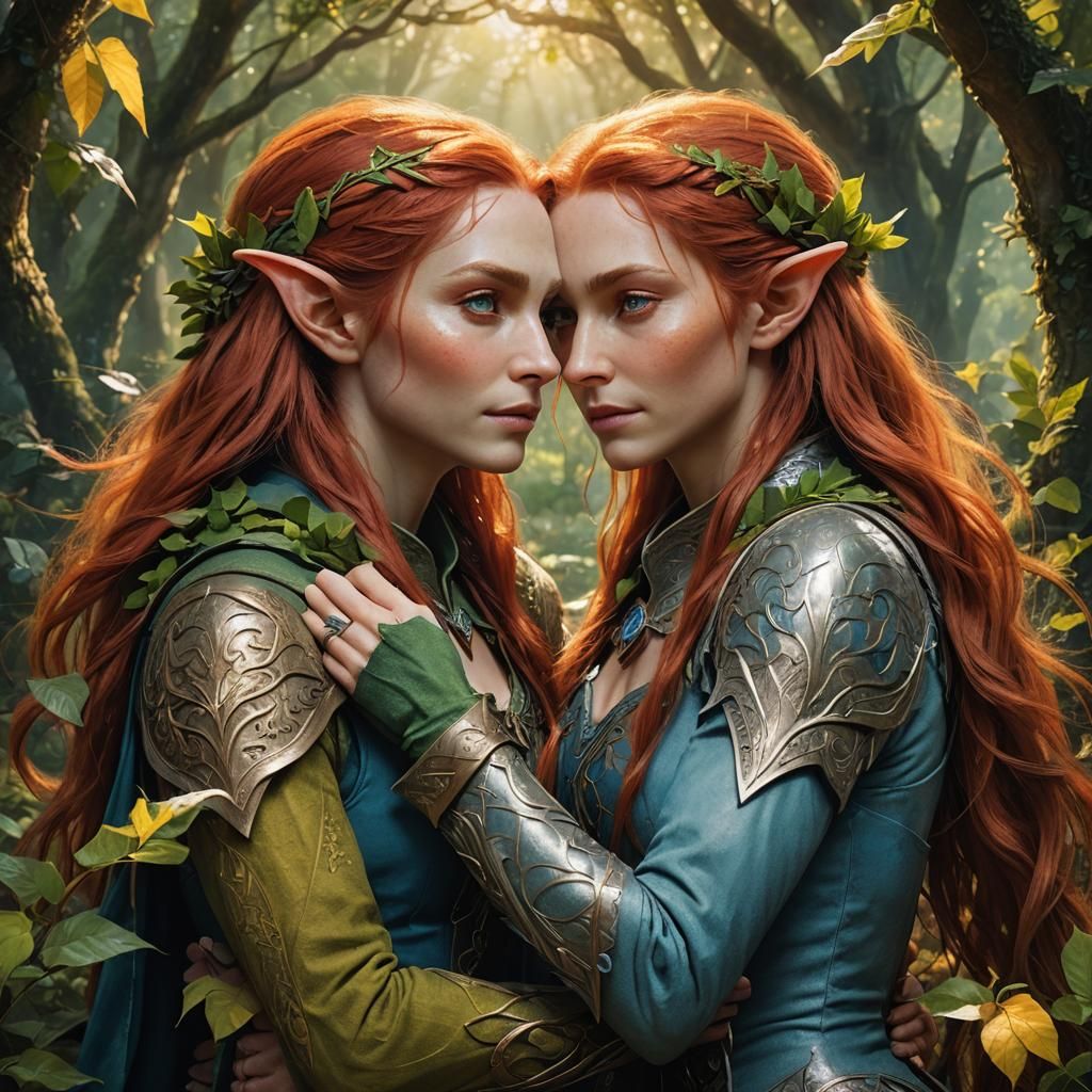 A female elf with long red hair and blue eyes, hugging a sli...