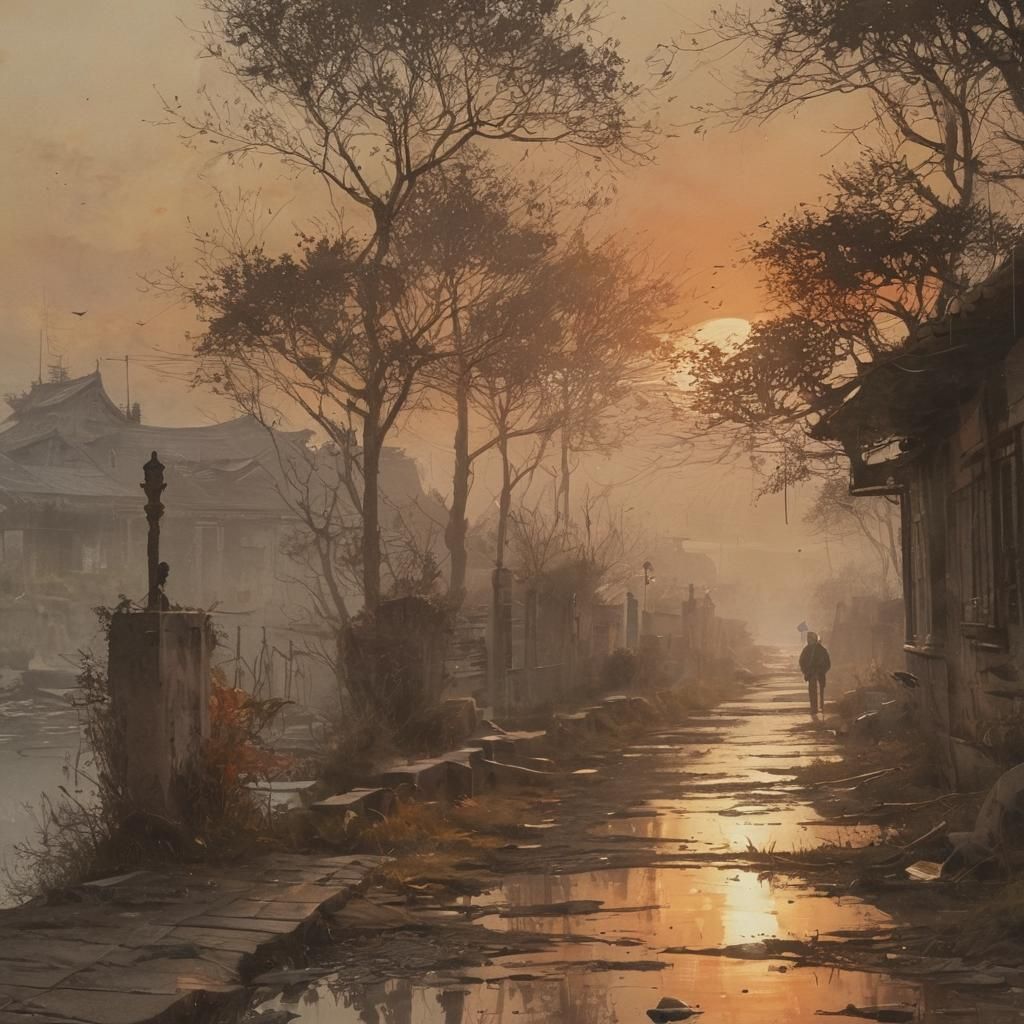 Gloomy Sunset: Intricate Digital Painting in Watercolor Styl...