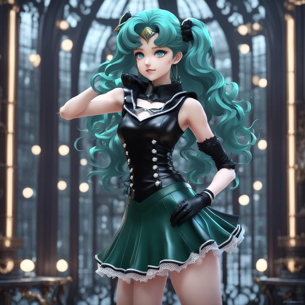 Sailor Neptune in skin-tight black leather lace dress