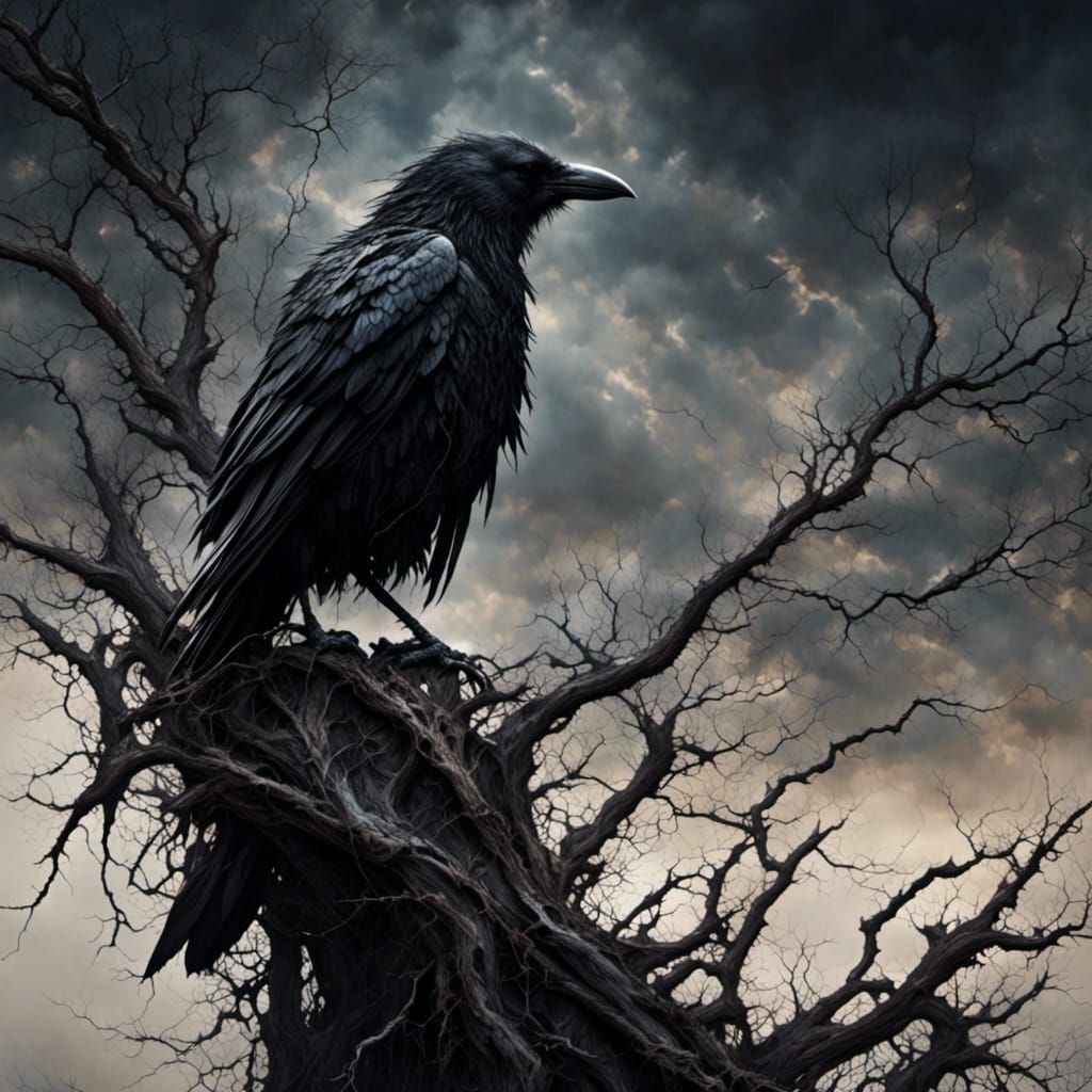 Ominous Crow on Branch in Hyperreal Style
