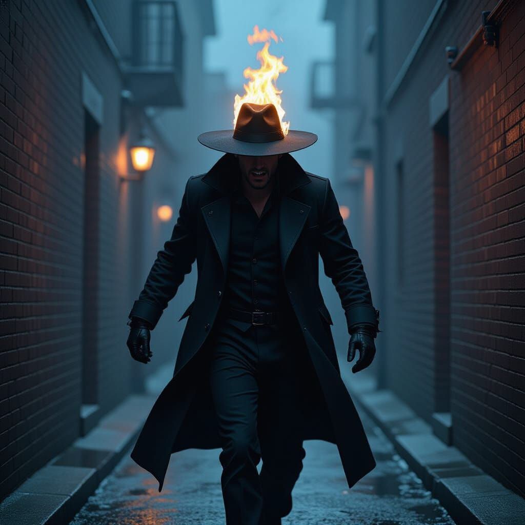 Burning Hat Thief in Noir Style Alleyway