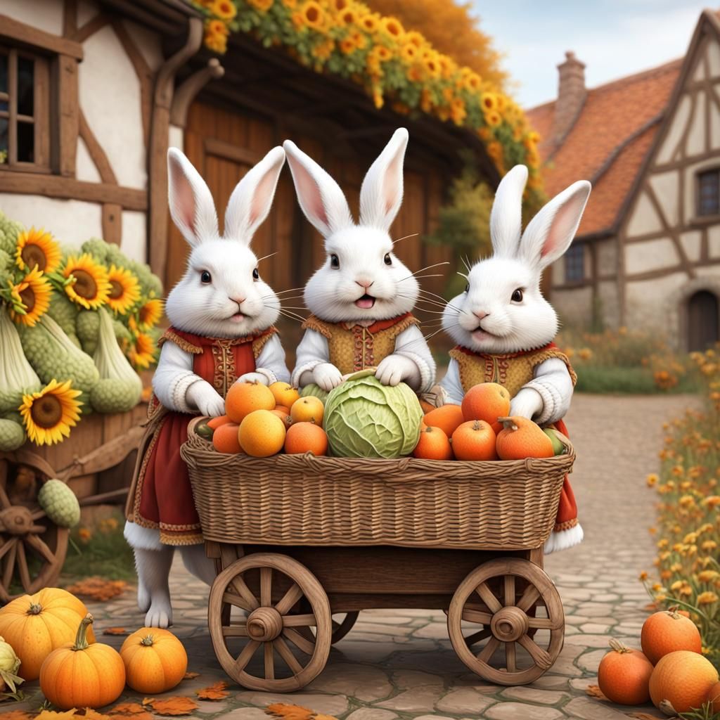 Rabbits in Medieval Costumes in Autumn Landscape
