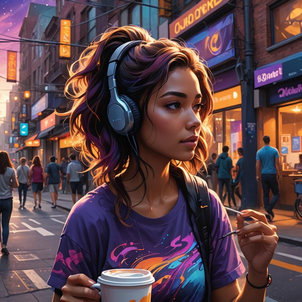 Girl Drinking Coffee in a Neon Cityscape