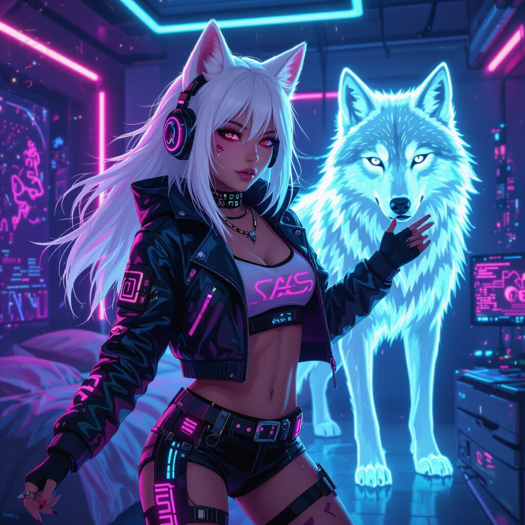 Cyberpunk Girl with Wolf Ears Dancing in Techno Bedroom