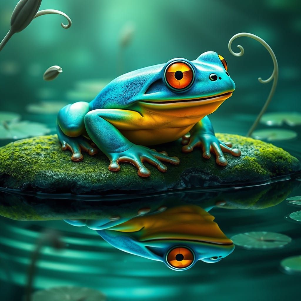 Mystical Frog in Dreamlike Pond Landscape