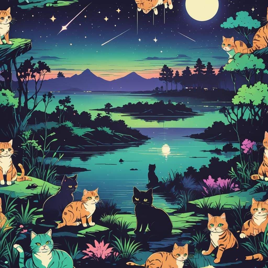Cats Playing Under Neon Starlit Night Sky
