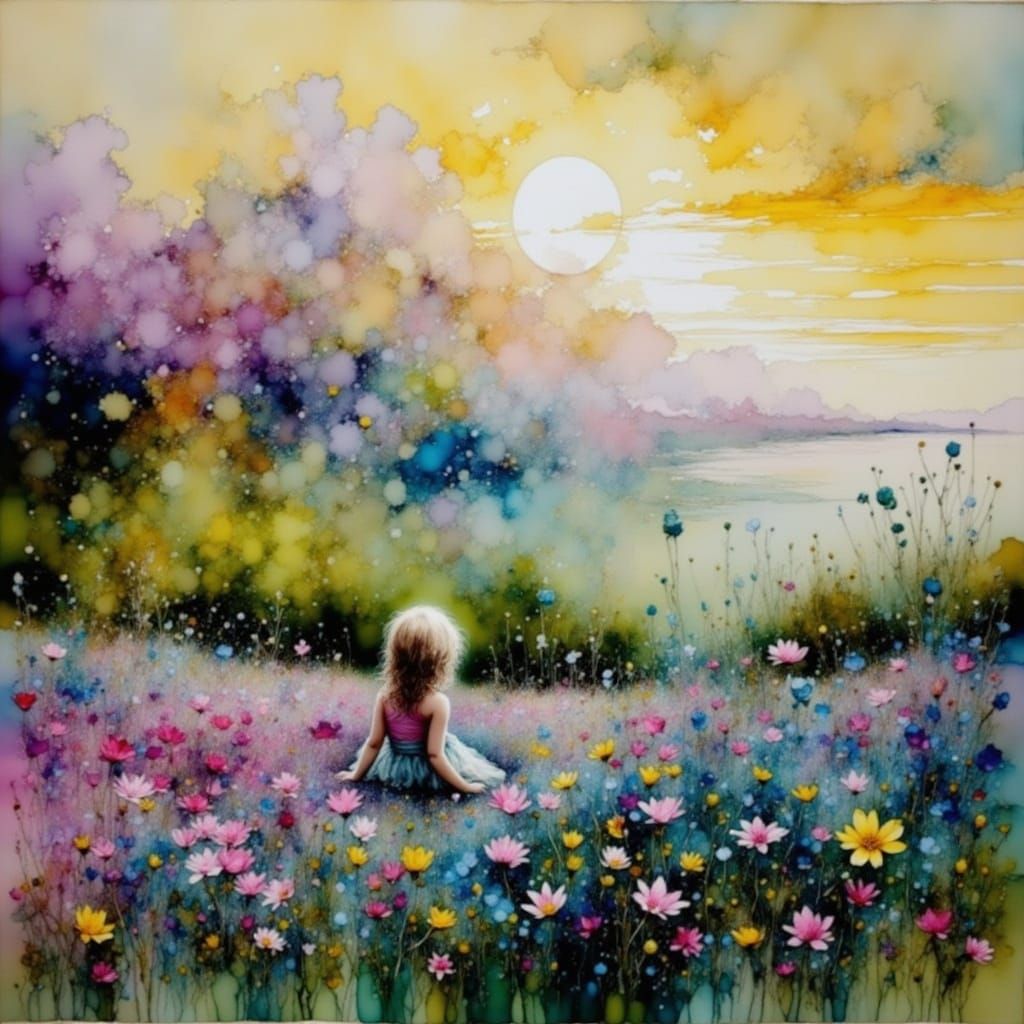 Girl Surrounded by Vibrant Blooms in a Serene Meadow Landsca...