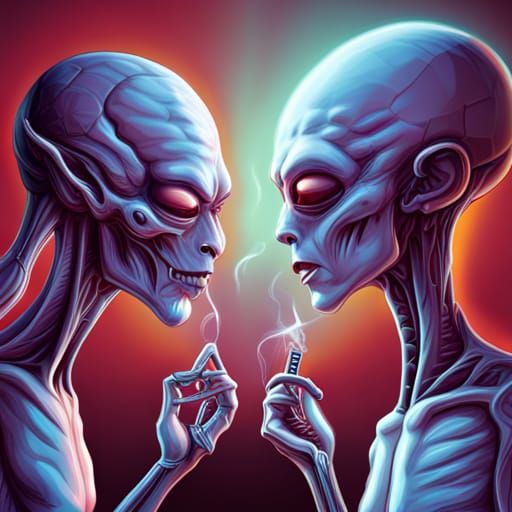 Hyperrealistic Grey Aliens Smoking Cigarette