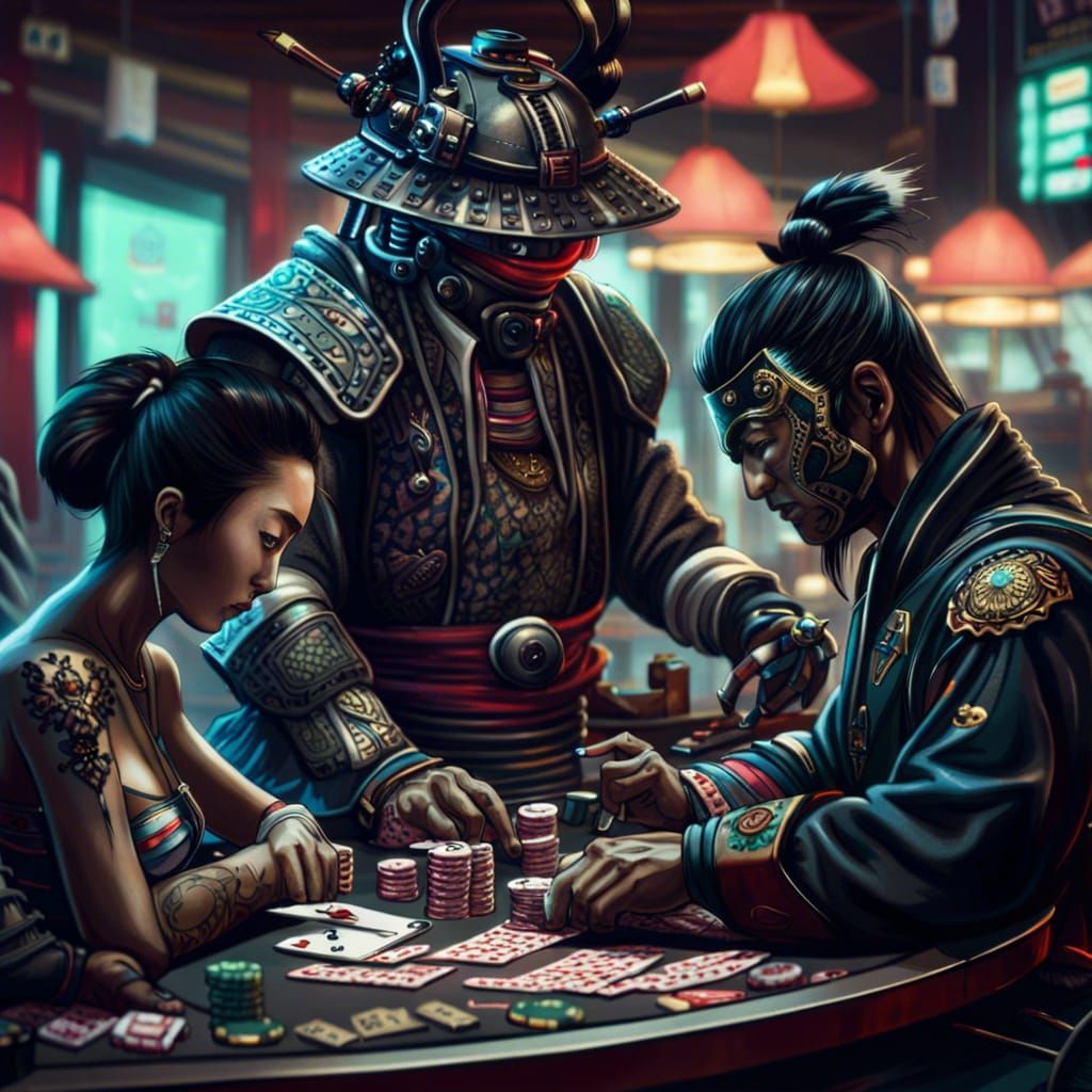 Cyberpunk Samurai Poker Game in Japanese Casino
