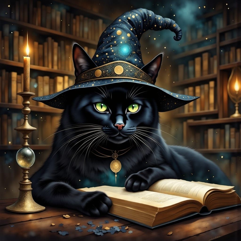 Black Cat Wizard in Magical Library, Digital Painting