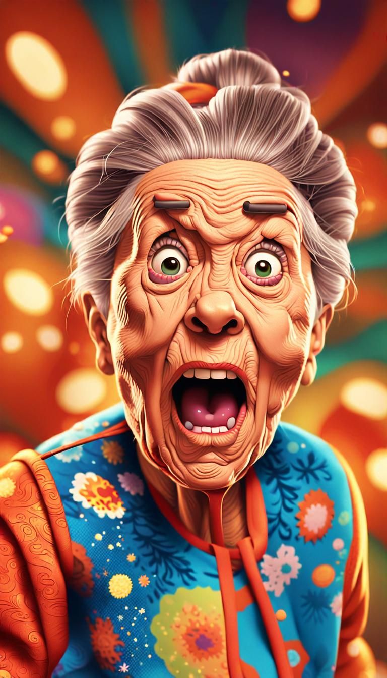 Vibrant Cartoon Granny in Shocking Explosion Scene