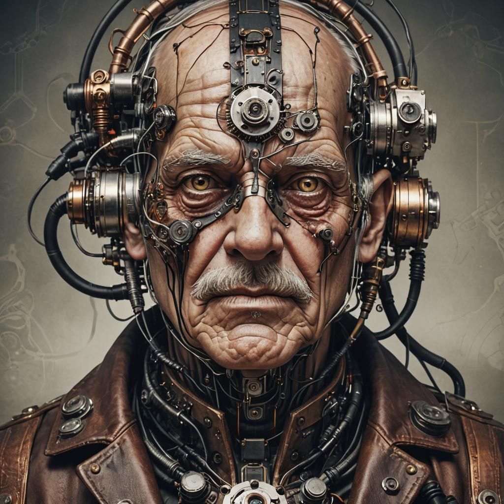 Steampunk Old Man with Cybernetic Implants