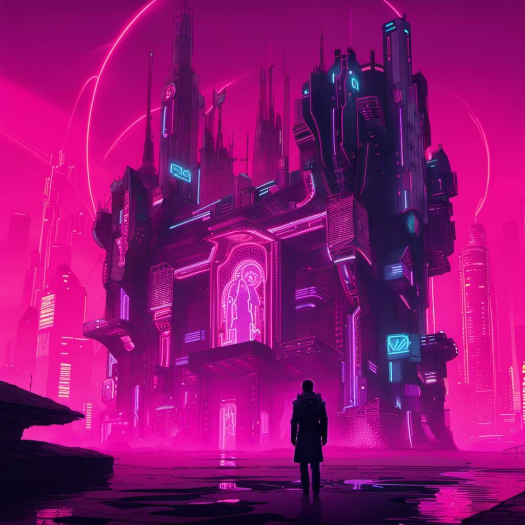 Cyber Knight Castle in Cyberpunk Neon Style