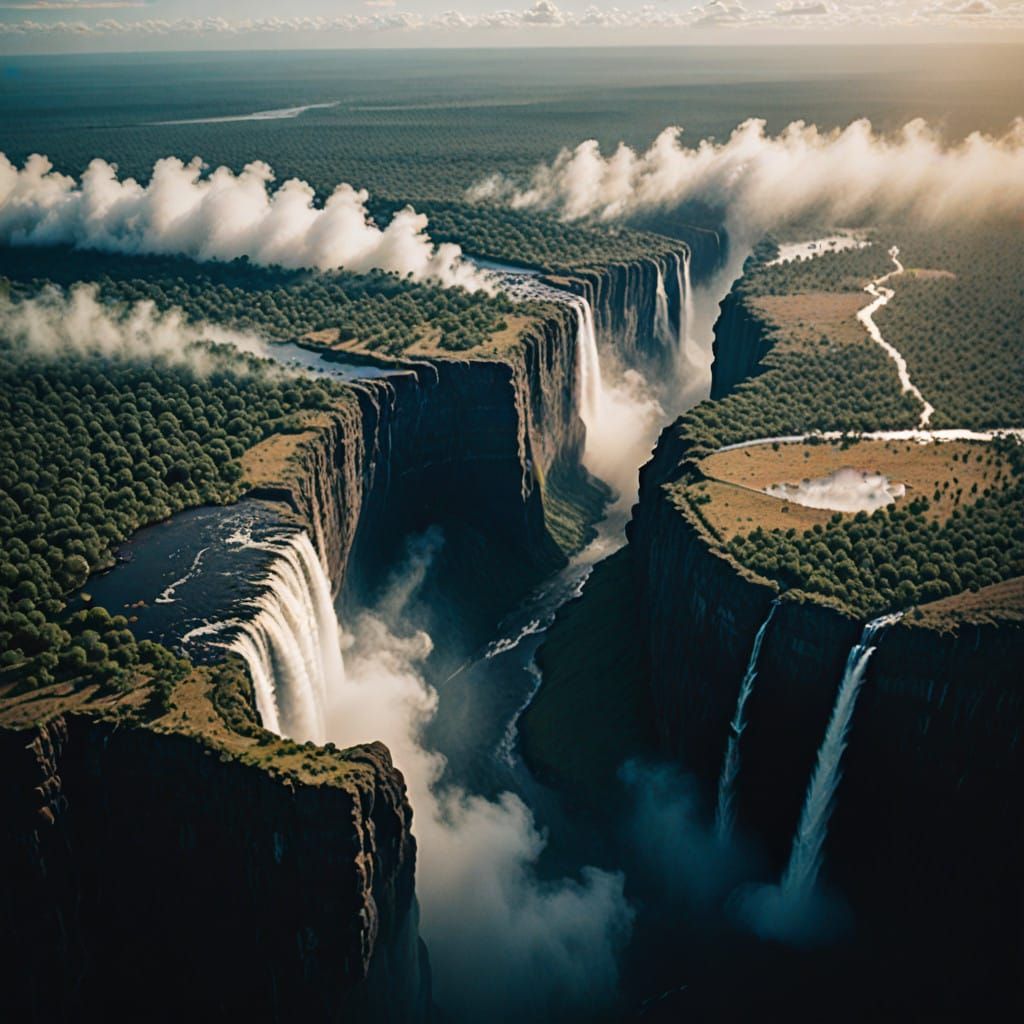 Victoria falls with mist rising