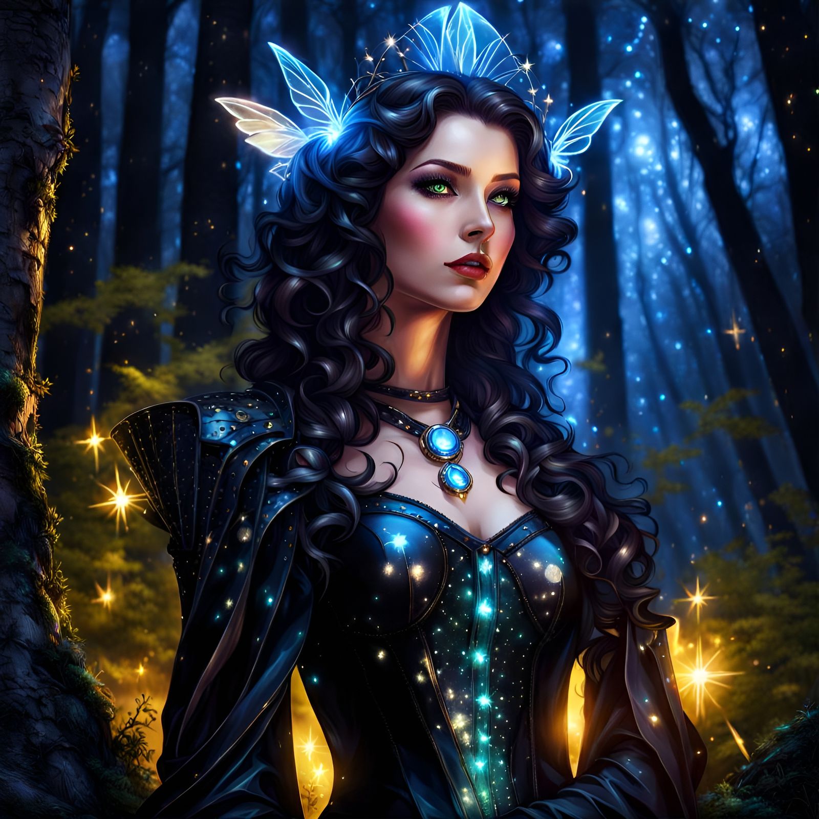 Magical Enchantress in Glowing Forest at Night