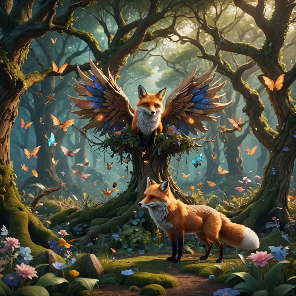 Winged Fox in Magical Forest, Fantasy Concept Art