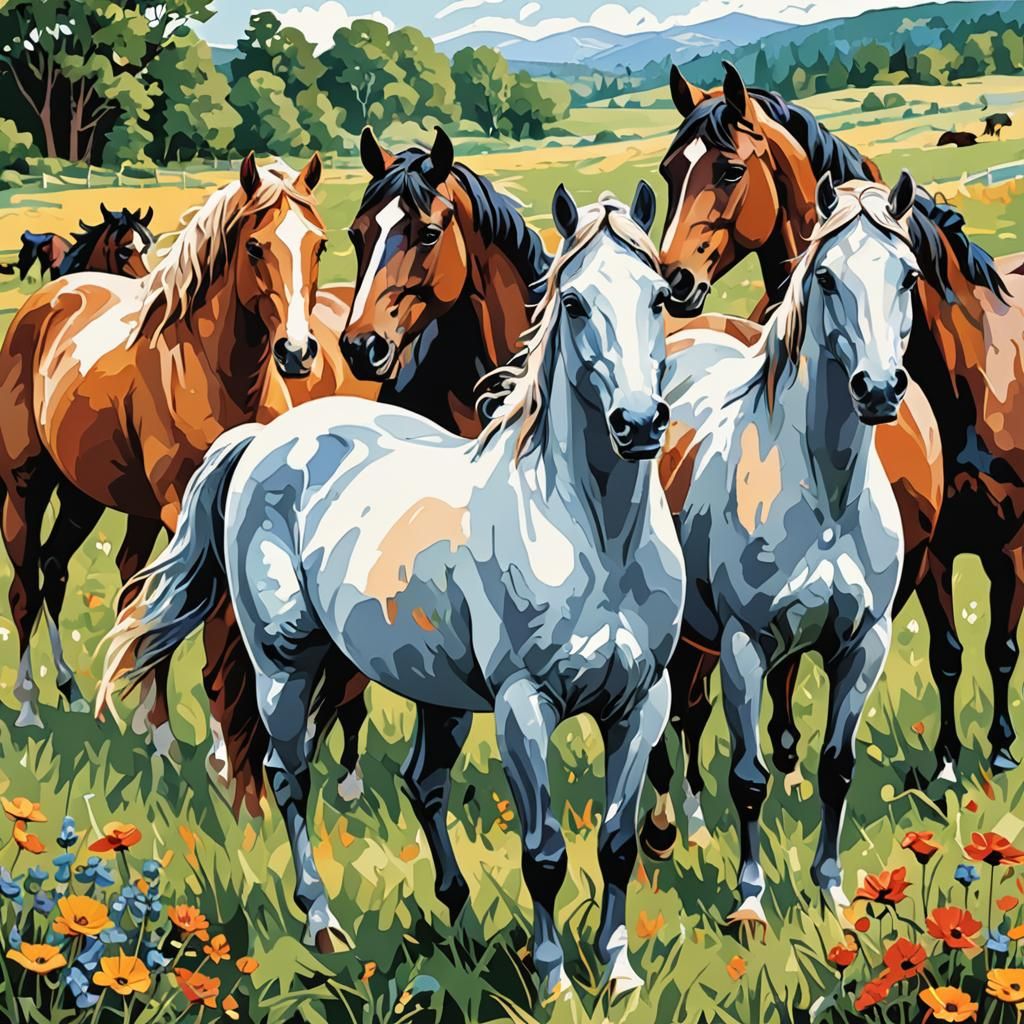 paint-by-numbers kit featuring a group of horses in a field.
