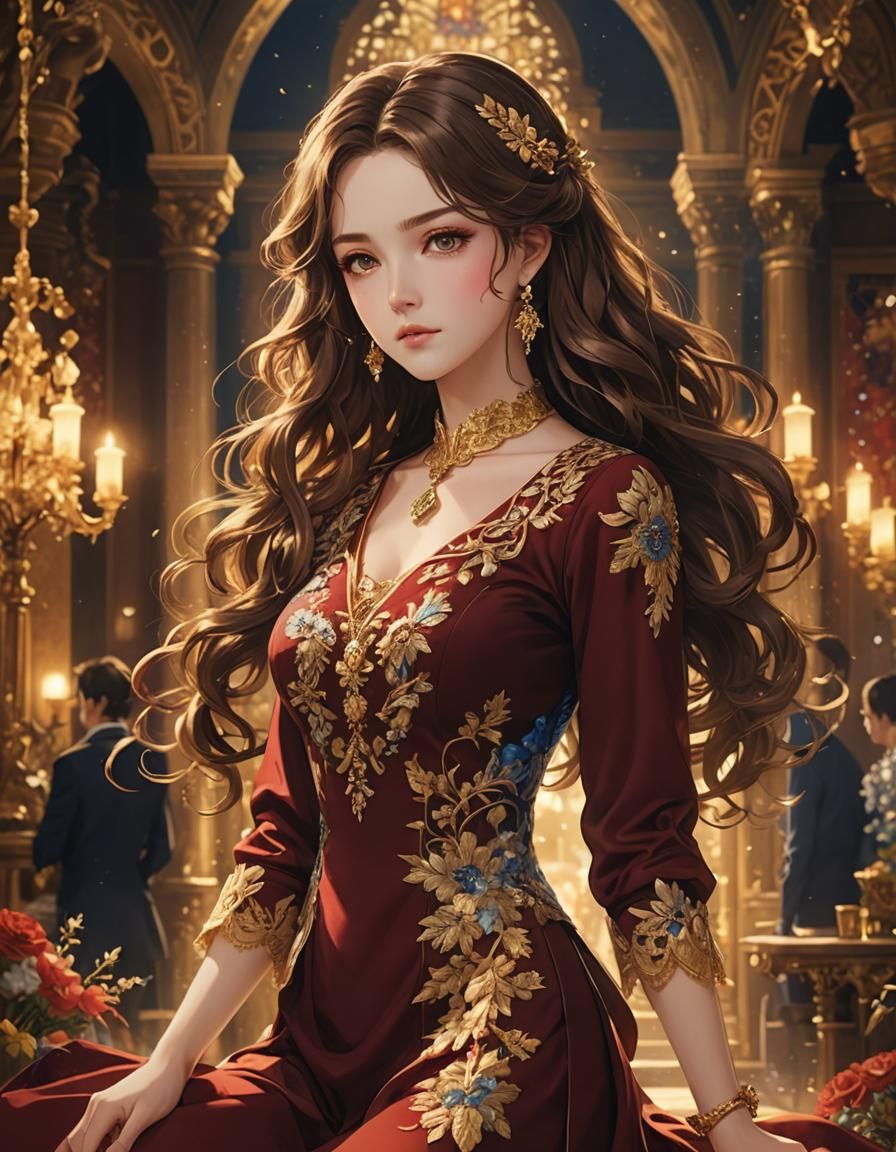 Elegant Anime Woman in Ornate Dress: 3D Render