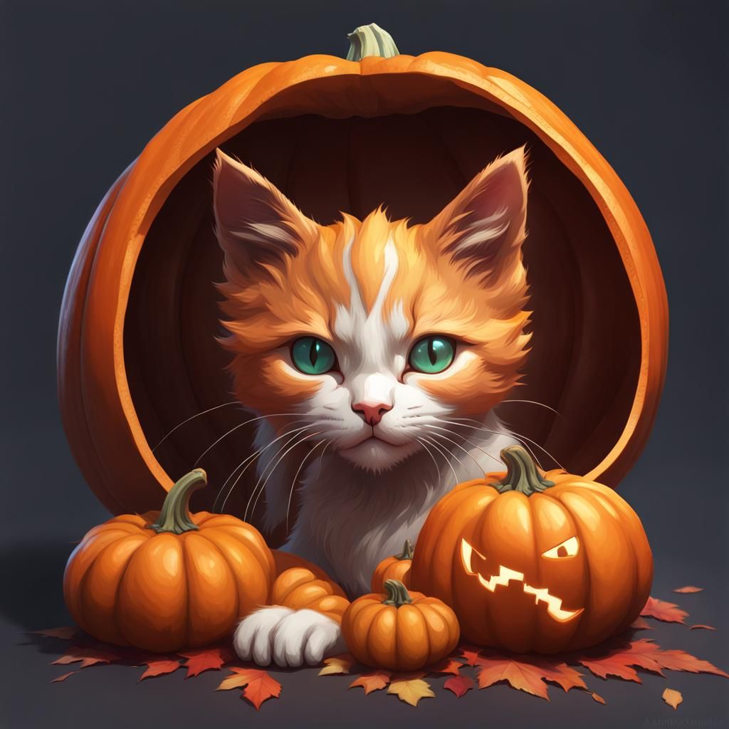 Kitten Pumpkin Portrait in Artgerm Style