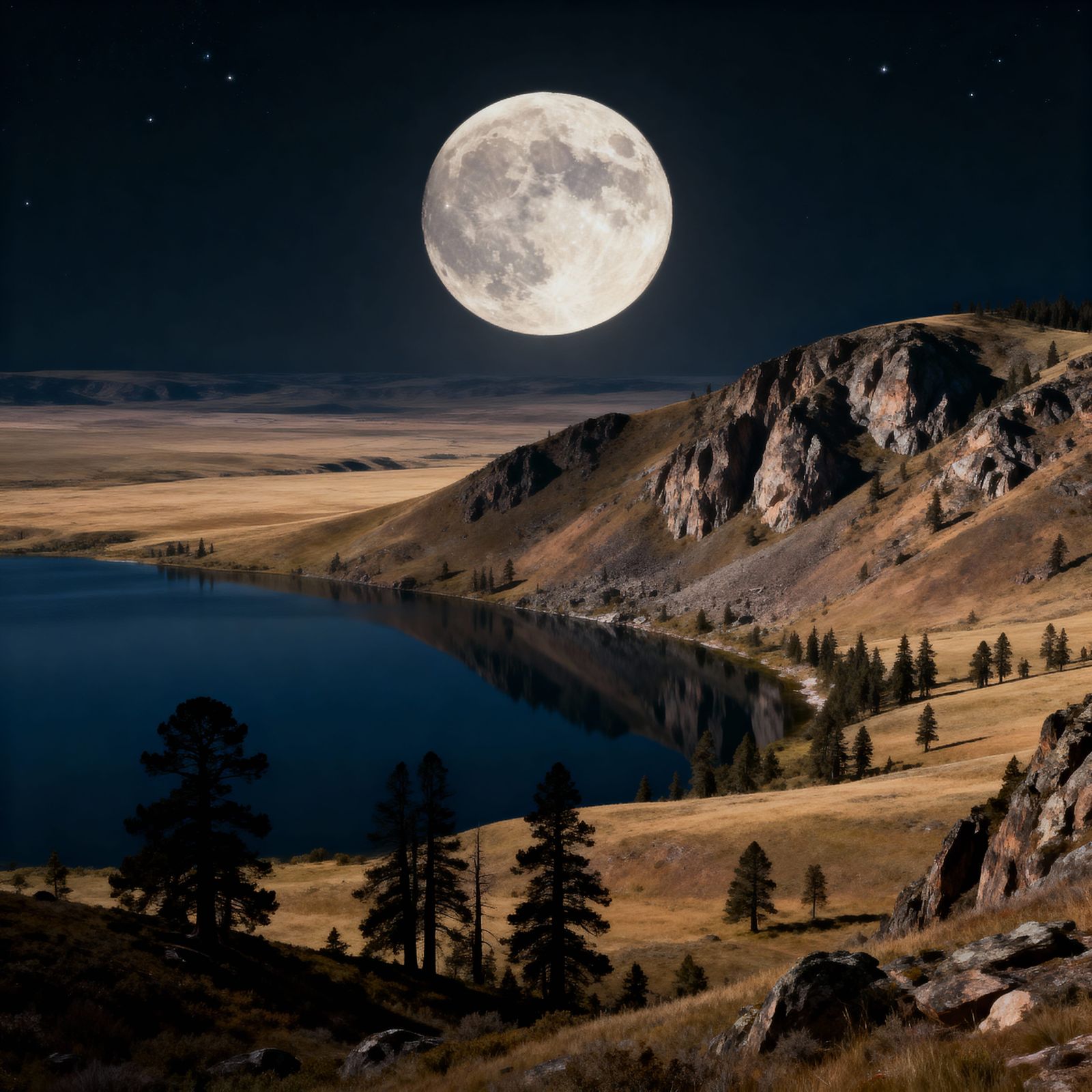 Moonlit Lake Over Rugged Steppe Landscape