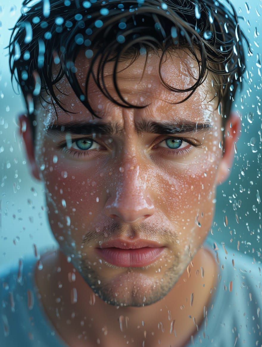 Sorrowful Young Man in Rainy Reflections