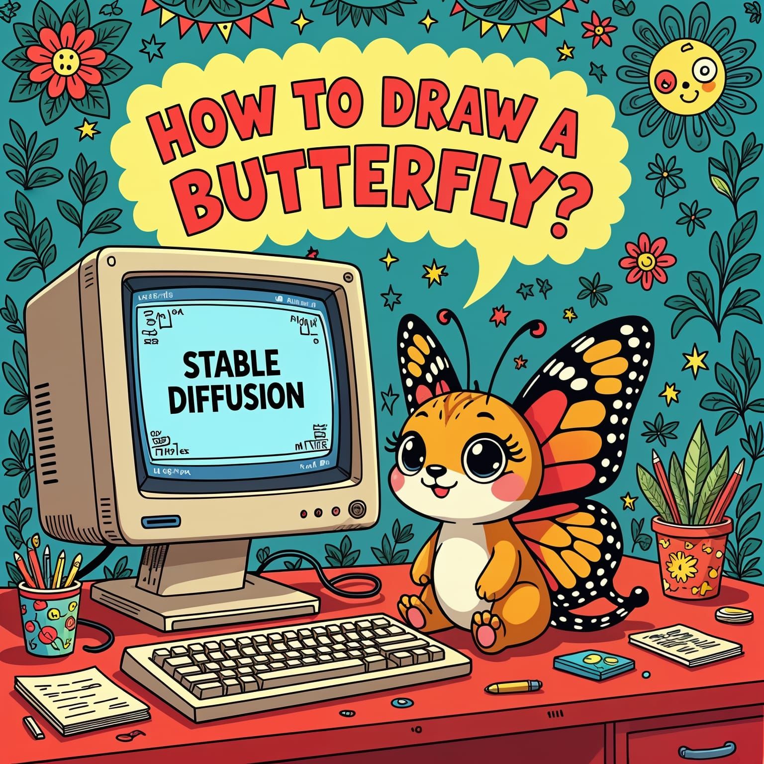 Cartoon Butterfly at Computer: Psychedelic Surrealism