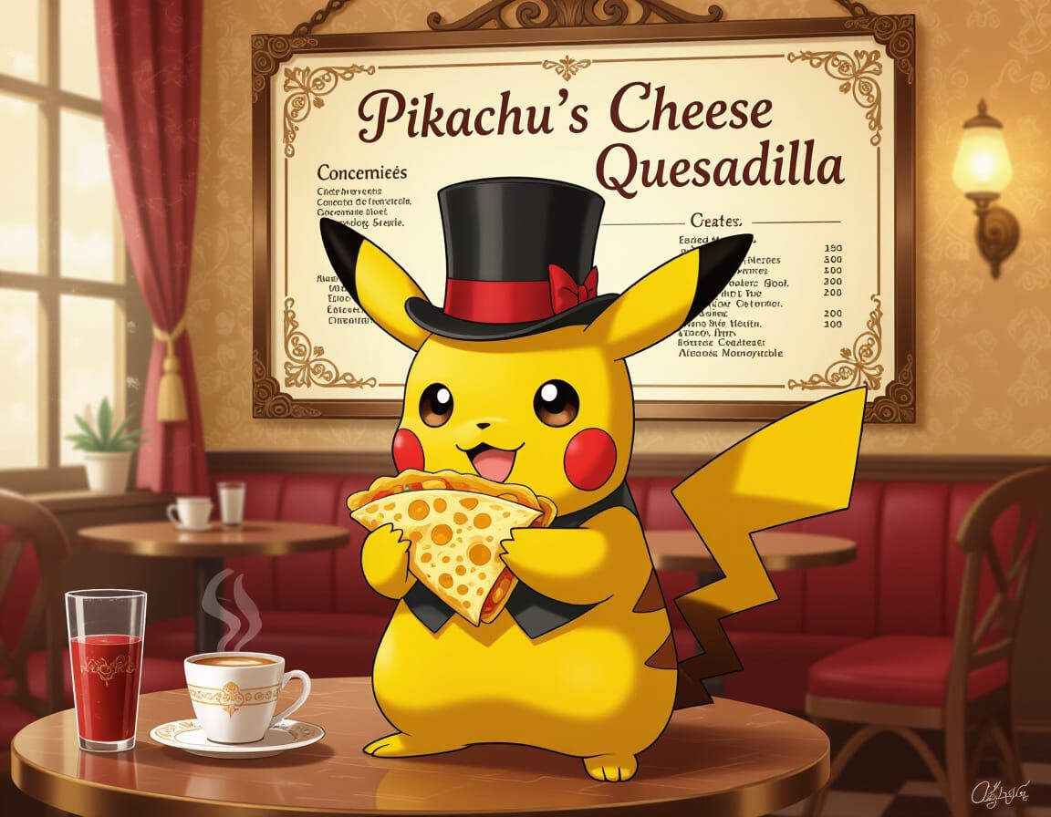 Pikachu in Victorian Cafe Serving Quesadillas