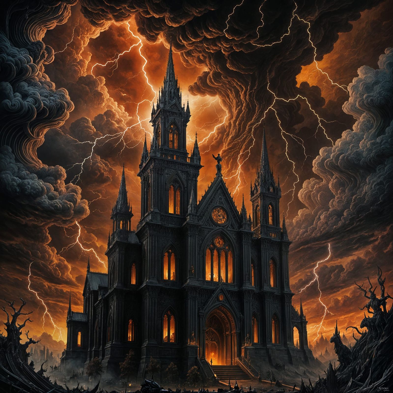 Obsidian Cathedral with Winged Demons in Stormy Sky